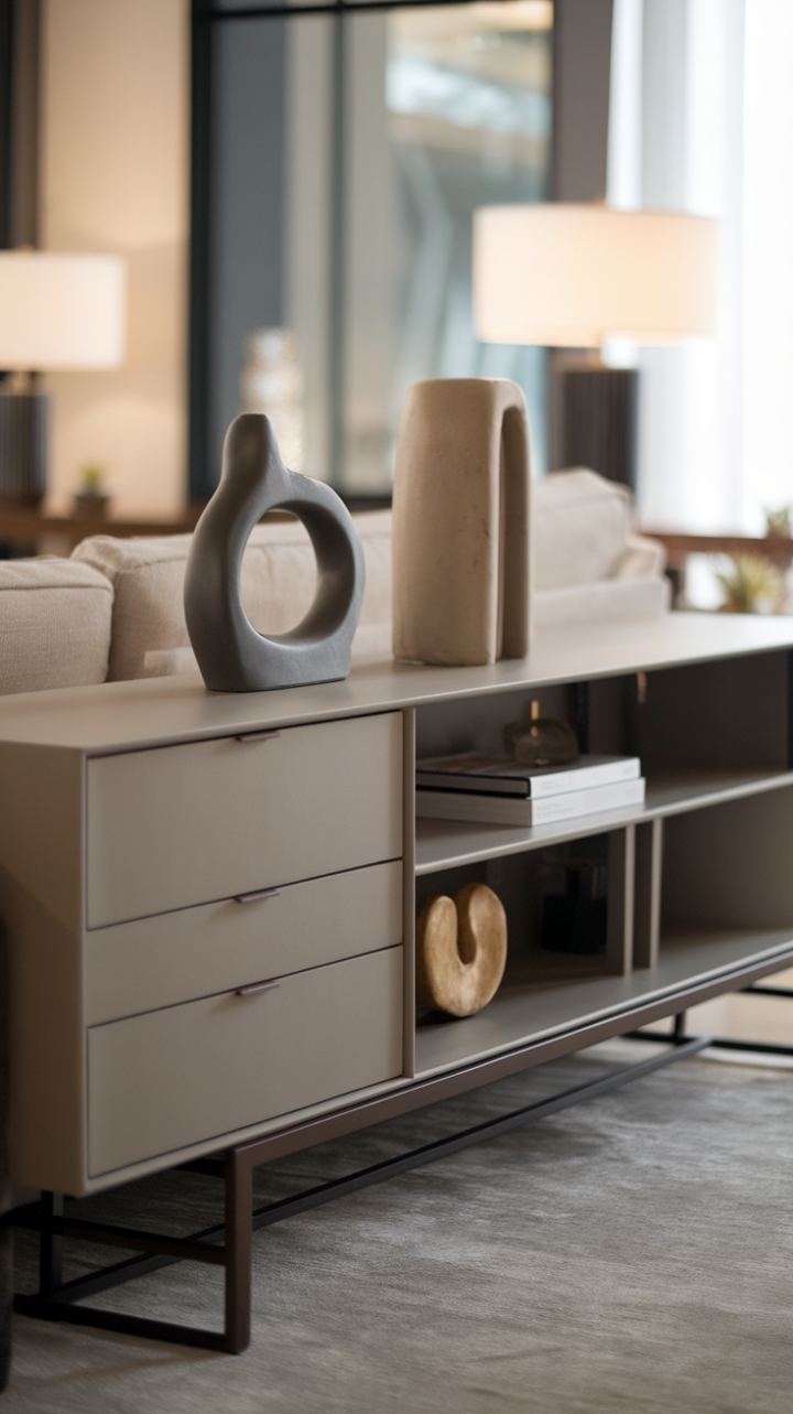 Unveiling urban chic: This minimalist sideboard commands attention with its sleek design and functional storage, perfectly complementing the contemporary living space. The curated display of decorative objects adds a touch of personality, showcasing the perfect blend of form and function.