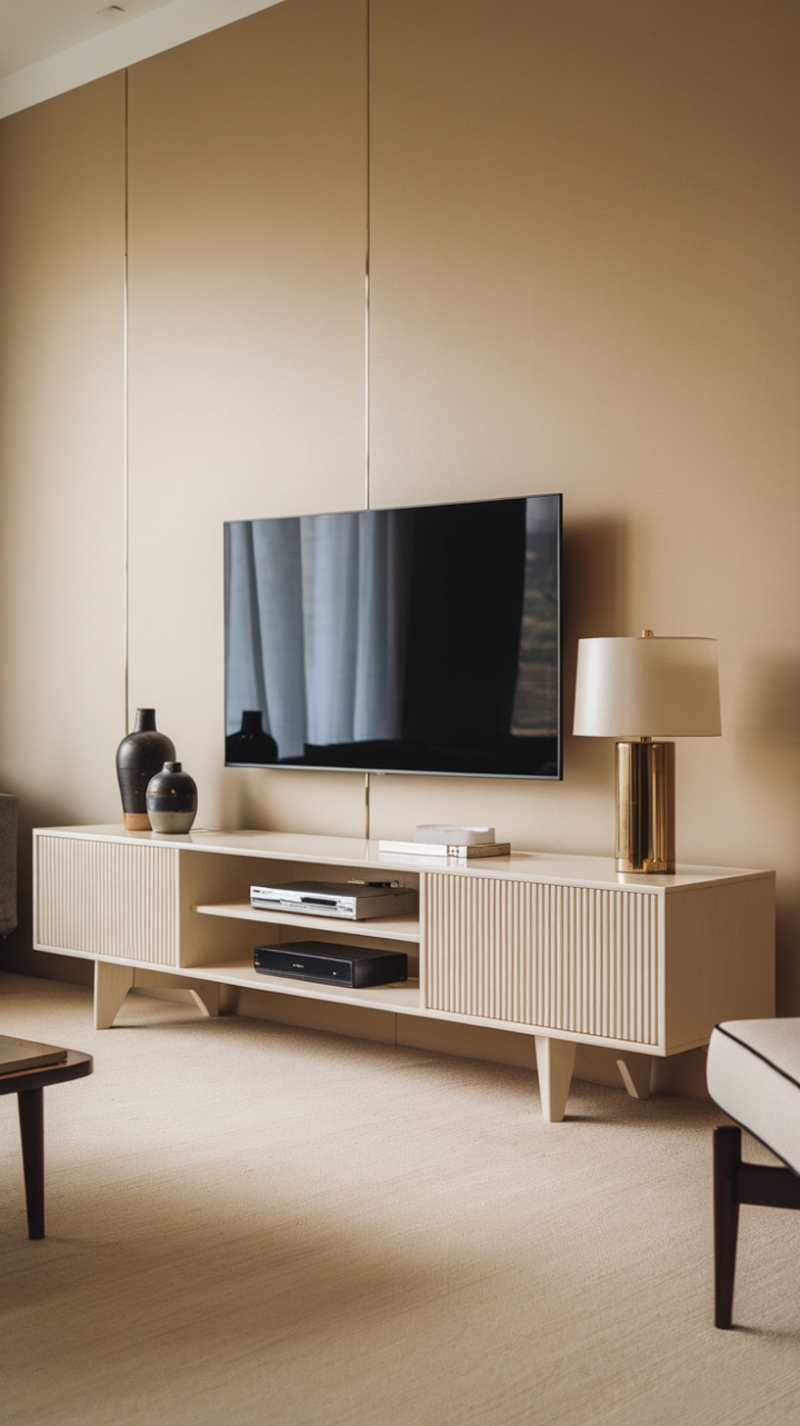 Clean lines and calming neutrals define this sophisticated living space. The star of the show? A sleek, white wooden entertainment center that seamlessly blends form and function. Paired with a plush sofa and armchair, it creates a sanctuary of understated style and comfort.