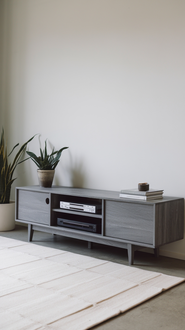Uncluttered elegance meets modern functionality. This grey wood media console, a study in minimalist design, anchors the space with quiet sophistication. The clean lines and ample storage create a sanctuary for both entertainment and style. A touch of greenery adds a vibrant contrast against the calming backdrop.