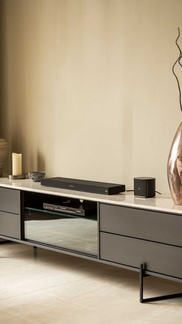 Indulge in the sophisticated allure of this modern entertainment center. A sleek matte black frame cradles a pristine white marble top, providing the perfect stage for your media essentials. Subtle drawers and a glass-fronted compartment offer both style and functionality, while the carefully curated accessories hint at a life lived beautifully.