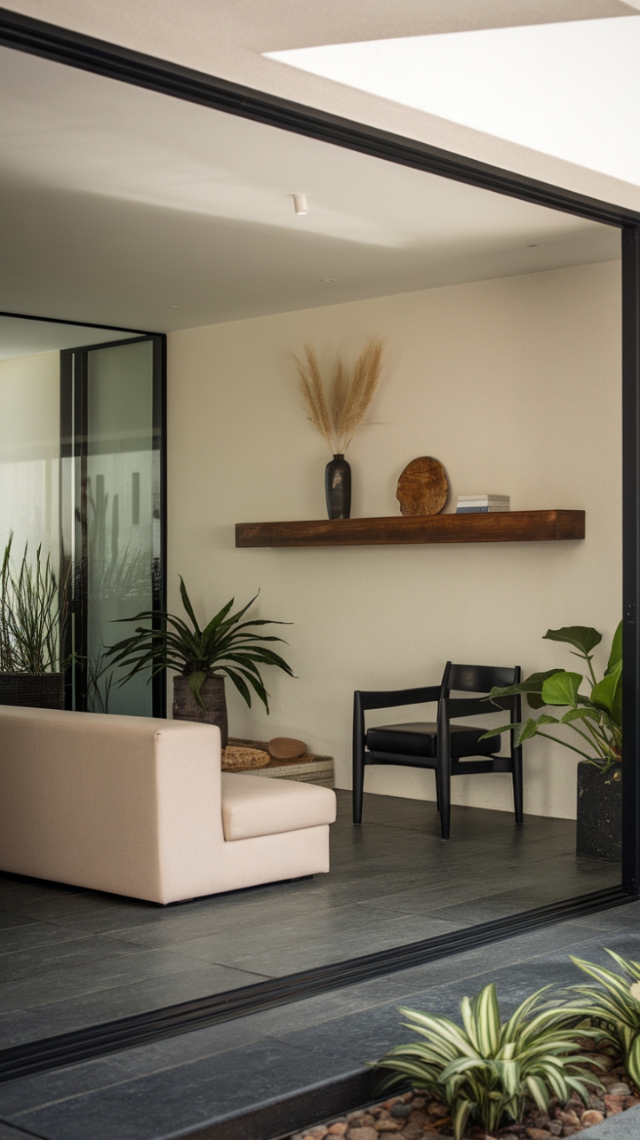 Modern living redefined. This foyer is a masterclass in understated elegance. Clean lines, carefully curated accessories, and a harmonious blend of textures-from the plush sofa to the cool tiles-create a welcoming and impeccably designed space that's both functional and breathtakingly beautiful.