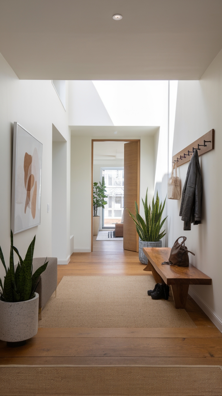 A symphony of light and shadow dances across this contemporary foyer. White walls amplify the brightness, while the warm wood flooring and strategically placed greenery inject a sense of calm and welcoming warmth. A perfect blend of form and function, this space is both stylish and supremely practical.
