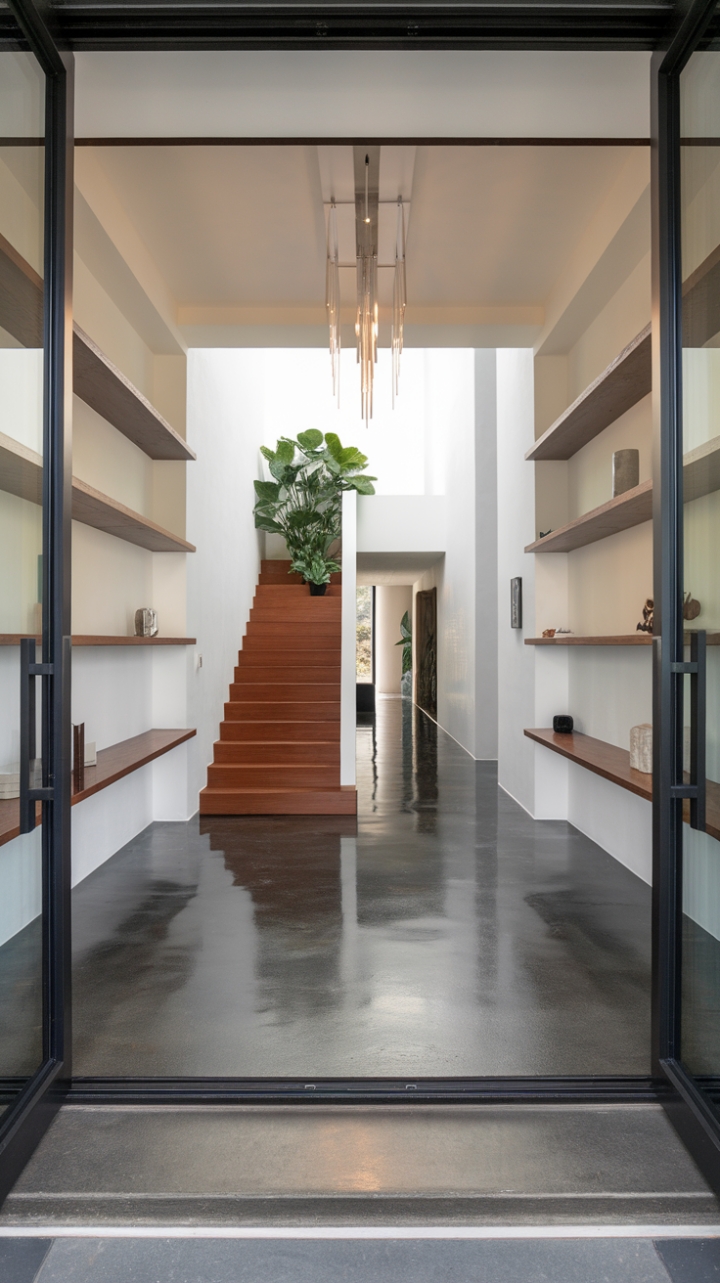 Clean lines and natural textures define this breathtaking foyer. The interplay of polished concrete, sleek wood, and crisp white walls creates a stunning visual harmony. A modern chandelier casts a dramatic glow, highlighting the architectural details and the stylish hallway that beckons you further into this impeccably designed home.