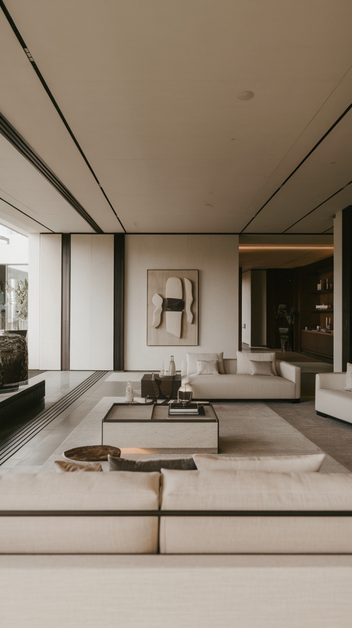 This contemporary modern living room exudes sophistication with its minimalist decor, where sleek furniture and a neutral color palette create a serene atmosphere. The open floor plan invites natural light to dance across clean lines and functional design elements, while a striking modern art piece on the wall adds a touch of personality and intrigue. The overall ambiance is a perfect blend of style and comfort, making it an ideal retreat for relaxation and inspiration.