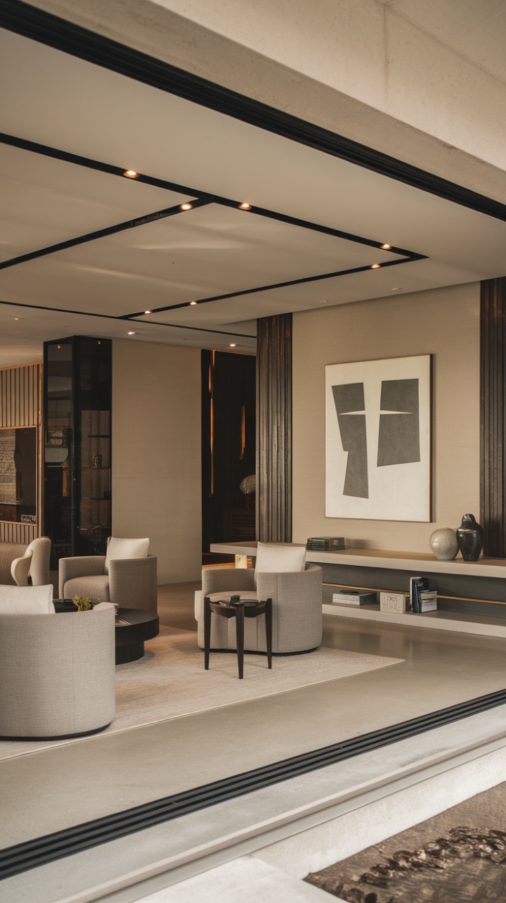This contemporary modern living room exudes sophistication with its minimalist decor, showcasing sleek furniture that harmonizes beautifully with a neutral color palette. The clean lines and functional design create an inviting atmosphere, while a striking modern art piece on the wall adds a touch of personality and flair. The open floor plan enhances the spacious feel, making this stylish sanctuary a perfect blend of comfort and elegance.