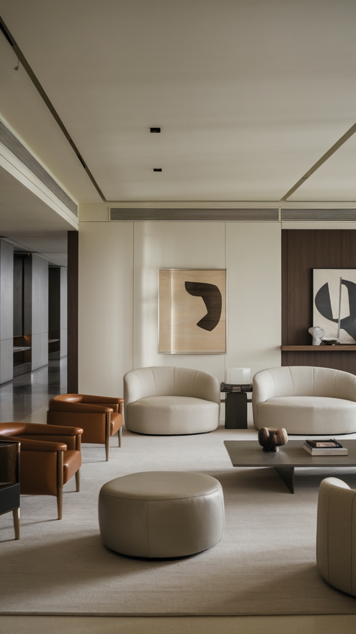 A stunning example of contemporary living, this modern living room captivates with its minimalist aesthetic and chic design. The sleek furniture, paired with a calming neutral color palette, enhances the open floor plan, creating a seamless flow throughout the space. Clean lines and a focus on functionality define the ambiance, while carefully curated modern art pieces inject a splash of creativity, making this room a perfect blend of style and comfort.