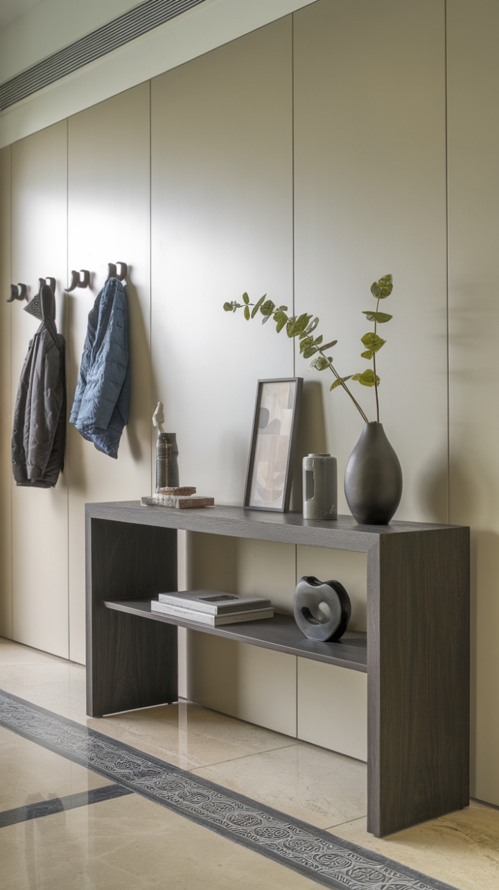 A striking blend of form and function, this contemporary console table redefines the entryway with its minimalist allure and rich dark wood finish. Accentuated by a few carefully chosen decorative pieces, it strikes a perfect balance between style and practicality. The wall-mounted hooks provide a chic solution for coats and hats, while the patterned tile floor adds depth and character. Bathed in bright lighting, this space radiates warmth and invites guests to linger, making it a true reflection of modern living.