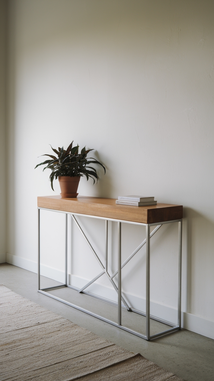 In this stunning minimalist hallway, a contemporary console table takes center stage, showcasing a harmonious blend of natural wood and sleek metal. The warm wooden top contrasts beautifully with the crisp white wall behind it, creating a serene backdrop that invites tranquility. A vibrant potted plant adds a touch of life and color, while the soft rug underfoot enhances the cozy atmosphere. Bathed in bright, inviting light, this space embodies the perfect balance of style and simplicity, making it an ideal entryway for any modern home.