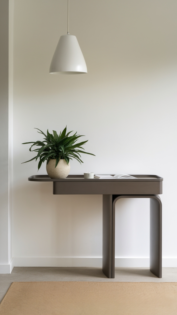 With its sleek silhouette and modern aesthetic, this console table serves as a stunning focal point in the entryway, showcasing a refined dark grey finish that complements the clean lines of the surrounding decor. The white wall serves as a perfect backdrop, enhanced by the gentle illumination of the pendant light overhead. A cozy beige rug anchors the space, while a lush green plant perched on the table injects a touch of nature, making this entryway not just a passage but a stylish introduction to the home.