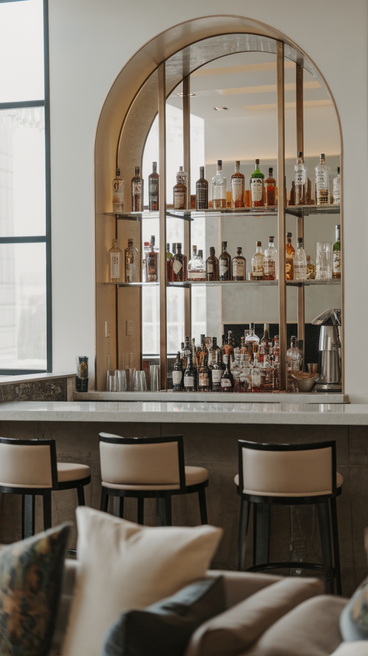 This contemporary home bar exudes sophistication with its minimalist design and sleek lines, creating an inviting space for both casual gatherings and elegant soirées. The trendy cocktail station showcases an impressive array of spirits, perfectly complemented by comfortable seating that encourages relaxation and conversation. Bathed in natural light from the expansive window, this chic lounge transforms into a stylish home tavern, where every detail harmonizes to craft an atmosphere of modern luxury.