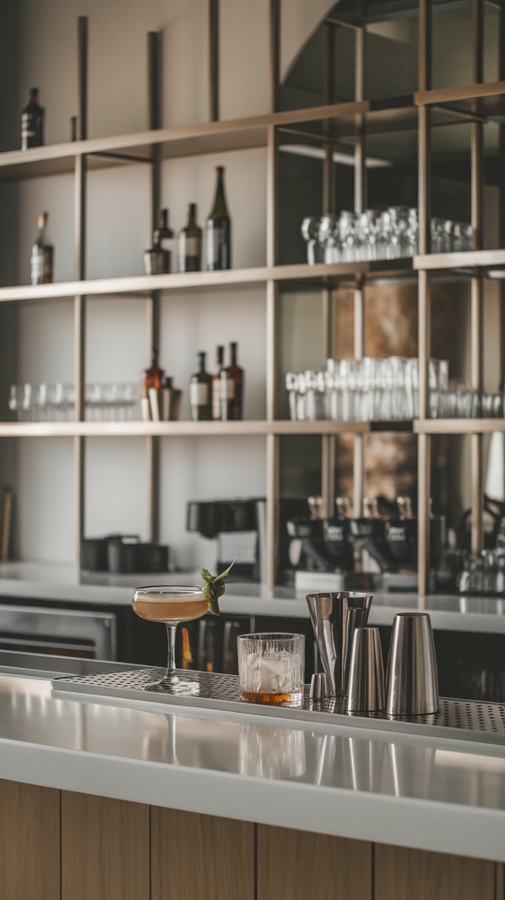 Craft your perfect cocktail in this chic and contemporary bar area. The stylish shelving, gleaming surfaces, and thoughtfully arranged accessories transform a simple drink into a luxurious ritual. This is where sophisticated entertaining meets effortless style.