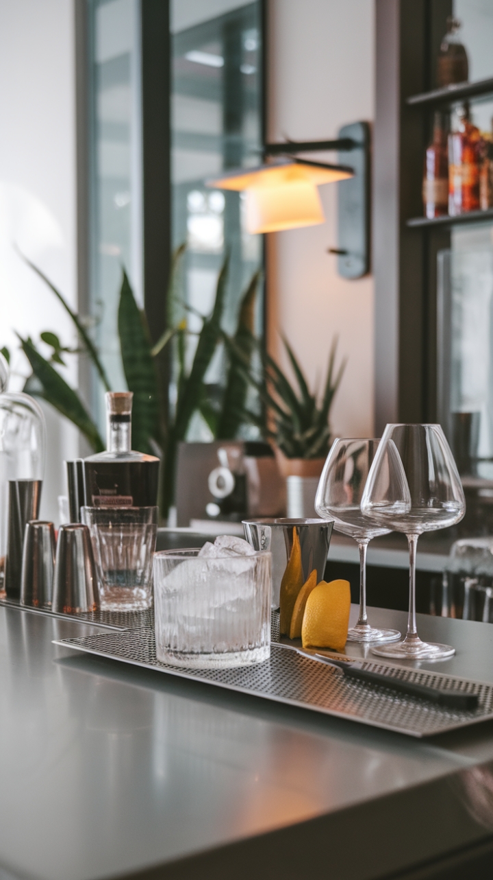 This modern cocktail station exudes urban sophistication, showcasing a sleek, minimalist design that perfectly complements contemporary living. With a curated selection of premium spirits and elegant glassware, the bar area invites you to indulge in mixology. A chic ice bucket and a stylish lemon zester add functional flair, while lush greenery and a warm lamp in the background create a cozy yet refined atmosphere, making it the ideal spot for entertaining guests or enjoying a quiet evening at home.