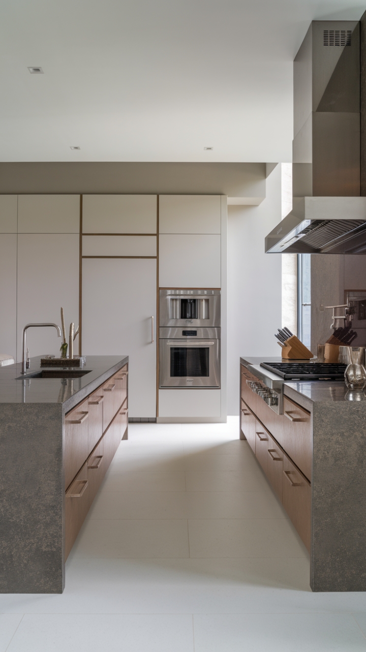 A symphony of sophistication unfolds in this contemporary kitchen. Sleek designer cabinets, upscale dark grey countertops, and high-end stainless steel appliances harmonize flawlessly, creating a space that is both functional and breathtakingly beautiful. The minimalist aesthetic is perfectly complemented by the bright white tiled floor and subtle grey walls.
