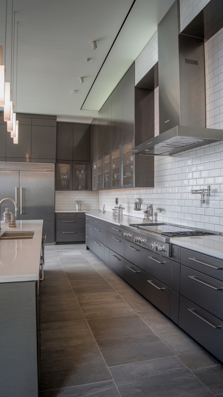 This contemporary luxury kitchen embodies the essence of minimalist design, showcasing a harmonious blend of functionality and style. The sleek dark grey designer cabinets provide a striking contrast against the pristine white quartz countertops, while the high-end stainless-steel range hood and induction cooktop add a touch of sophistication. The classic white subway tile backsplash serves as a timeless backdrop, enhancing the kitchen's modern aesthetic. Underfoot, large-format grey porcelain tiles create a seamless flow, and the warm glow of pendant lights above the island invites both culinary creativity and social gatherings.