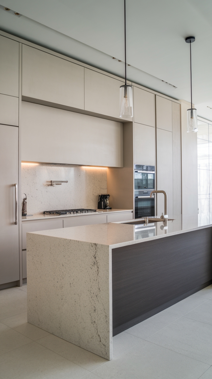 Indulge in the serene sophistication of this minimalist kitchen. Light grey cabinetry and countertops create a calming backdrop, while the dark grey island, complete with a waterfall edge and sleek pendant lighting, adds a touch of dramatic contrast. High-end appliances and meticulous detailing complete this haven of modern luxury.