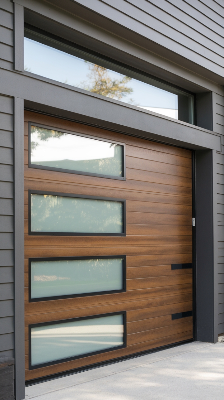 Dark wood, clean lines, and subtle window accents: This contemporary garage door isn't just functional, it's a statement piece that elevates the entire home's aesthetic. The innovative design seamlessly blends modern architecture with timeless appeal, creating a truly captivating entryway.