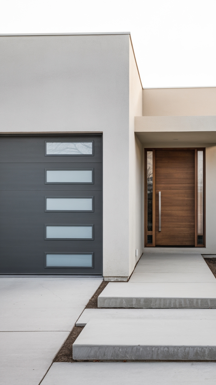 Modern minimalism meets refined elegance. This home's striking exterior showcases a sophisticated dark gray garage door, a bold statement against the clean, geometric architecture. The contrast between the sleek garage door and the inviting wooden front door creates a captivating interplay of textures and styles.
