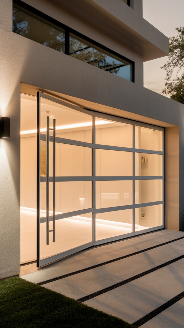 Where form meets function: This contemporary home's glass garage door, a seamless blend of architecture and design, beckons with a warm, inviting glow. The minimalist aesthetic and subtly ajar opening hint at the pristine interior beyond, creating a captivating interplay of light and shadow.