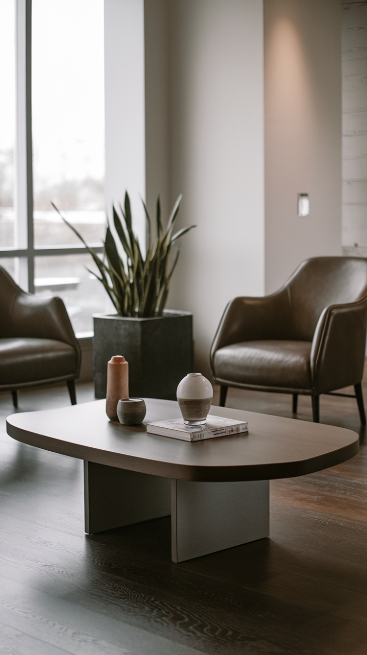 Unveiling urban chic: This modern living room's sleek lines and dark wood accents create a sophisticated sanctuary. The minimalist coffee table, adorned with carefully curated objects, anchors the space, while pops of greenery add a touch of life.