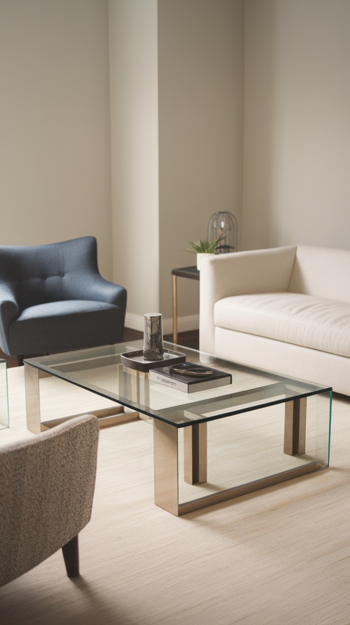 Cool minimalism meets cozy comfort in this serene living room. A sleek glass and metal coffee table anchors the space, its minimalist design perfectly complementing the soft gray walls, plush seating, and warm beige rug. The interplay of textures and colors creates a sophisticated yet inviting atmosphere.