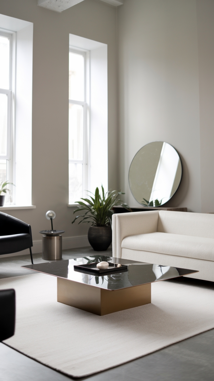 A stunning example of modern minimalism, this living room showcases a refined aesthetic that speaks to both simplicity and sophistication. The glossy black coffee table, with its sharp square lines, anchors the space atop a plush white rug, while the crisp white sofa and bold black chair create a striking visual contrast. Light grey walls serve as a calming canvas, allowing the natural light from the windows to dance across the room. Thoughtfully placed plants and decorative accents, such as a round mirror and a petite black pot, add warmth and character, transforming this living area into a chic sanctuary that invites relaxation and conversation.