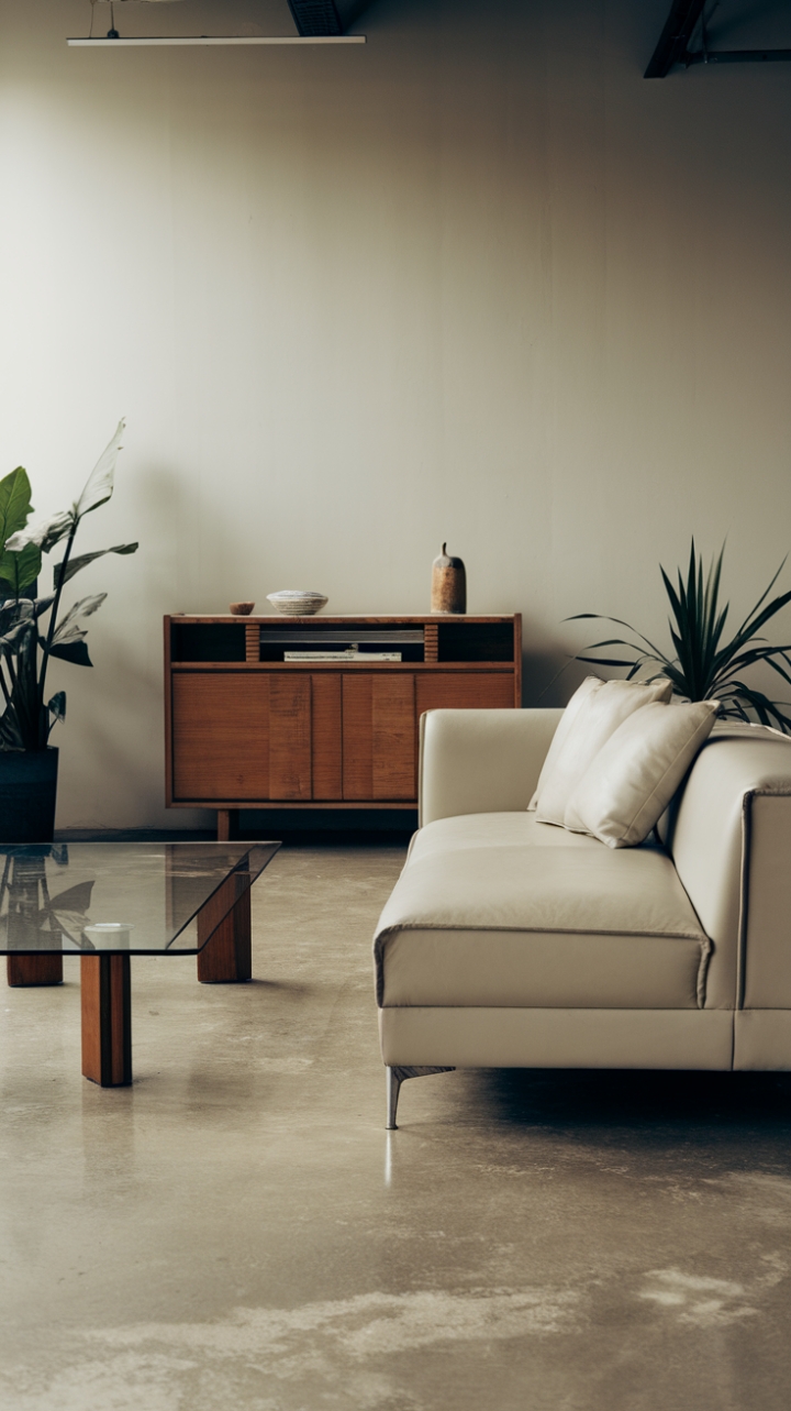This contemporary living space exudes a serene elegance, showcasing a sleek white sofa adorned with plush pillows that invite relaxation. A striking glass coffee table with a warm wooden base anchors the room, harmonizing beautifully with the stylish wooden cabinet that adds a touch of sophistication. The polished concrete floor reflects the natural light that floods in, while the crisp white walls create an airy backdrop for the carefully curated decor. Lush greenery peeks through, bringing life and vibrancy to this minimalist haven, making it the perfect retreat for modern living.
