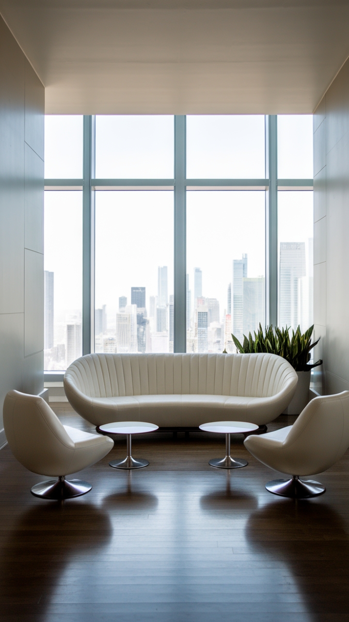 Modern minimalism redefined: This stunning living space boasts a clean aesthetic, showcasing a pristine white sofa against a backdrop of panoramic city views. Subtle grey walls and dark hardwood floors ground the space, creating a sophisticated and calming atmosphere. The epitome of urban elegance.