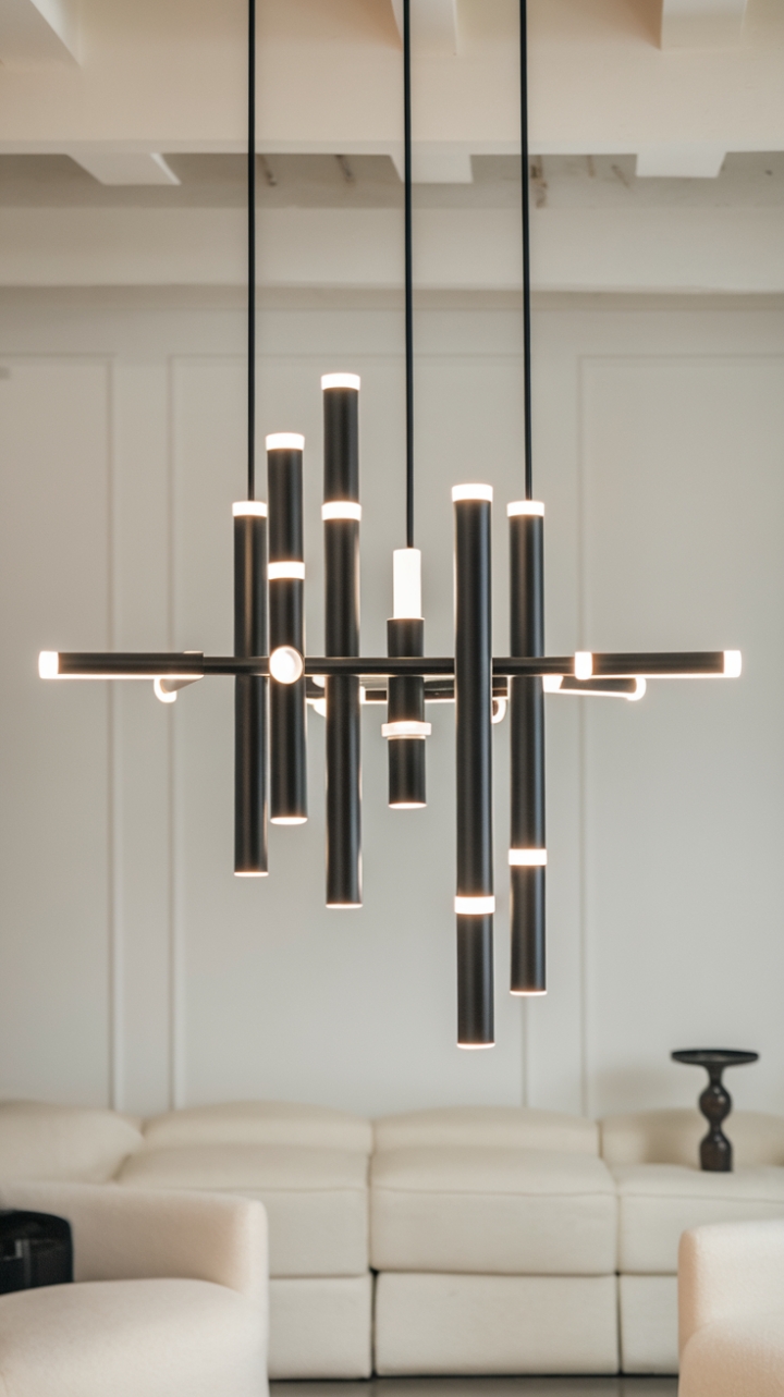 This striking minimalist chandelier redefines modern elegance with its sleek design and captivating cylindrical forms, each varying in size to create a dynamic visual rhythm. Crafted from a sophisticated matte black material, it contrasts beautifully against the pristine white backdrop of the room, while the warm glow of white LED bulbs casts a soft, inviting light that enhances the space. With its contemporary flair, this chandelier serves as a stunning focal point, harmonizing perfectly with the understated furniture around it.