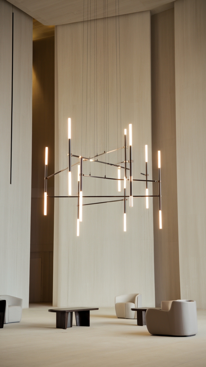 Bathed in a warm glow, this contemporary chandelier showcases a striking minimalist design, with its multiple arms extending gracefully to hold a series of bulbs that illuminate the room. Suspended from a high ceiling, it enhances the airy ambiance of the spacious area, where light wooden walls and floors create a serene backdrop. Paired with select modern furniture, the chandelier not only serves as a functional light source but also as a captivating centerpiece that embodies the essence of modern elegance.