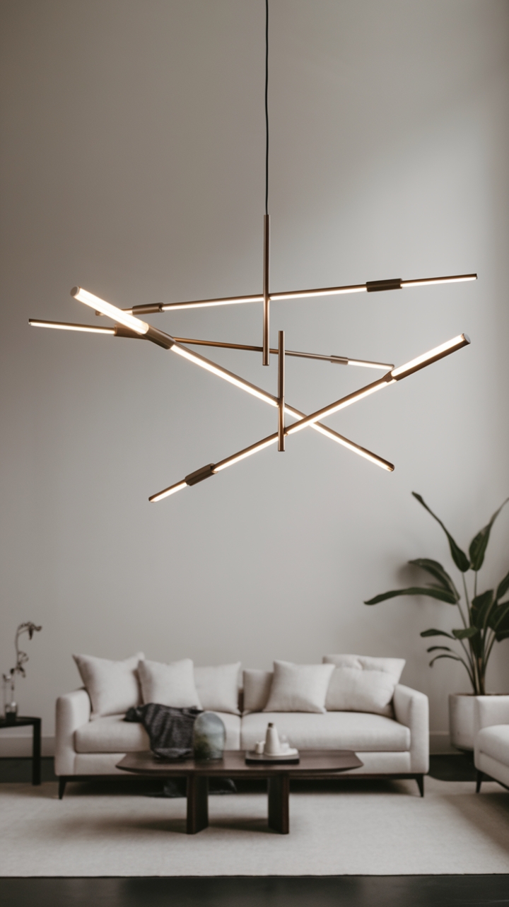 This stunning contemporary chandelier commands attention with its sleek design and graceful, elongated arms that curve elegantly, each adorned with a glowing light bulb that casts a warm, inviting ambiance. Suspended from a lofty ceiling, it becomes the centerpiece of a minimalist living room, where a chic sofa and a stylish coffee table harmonize with the simplicity of the white walls and dark flooring. A potted plant adds a touch of nature, creating a perfect balance between modern sophistication and serene comfort.