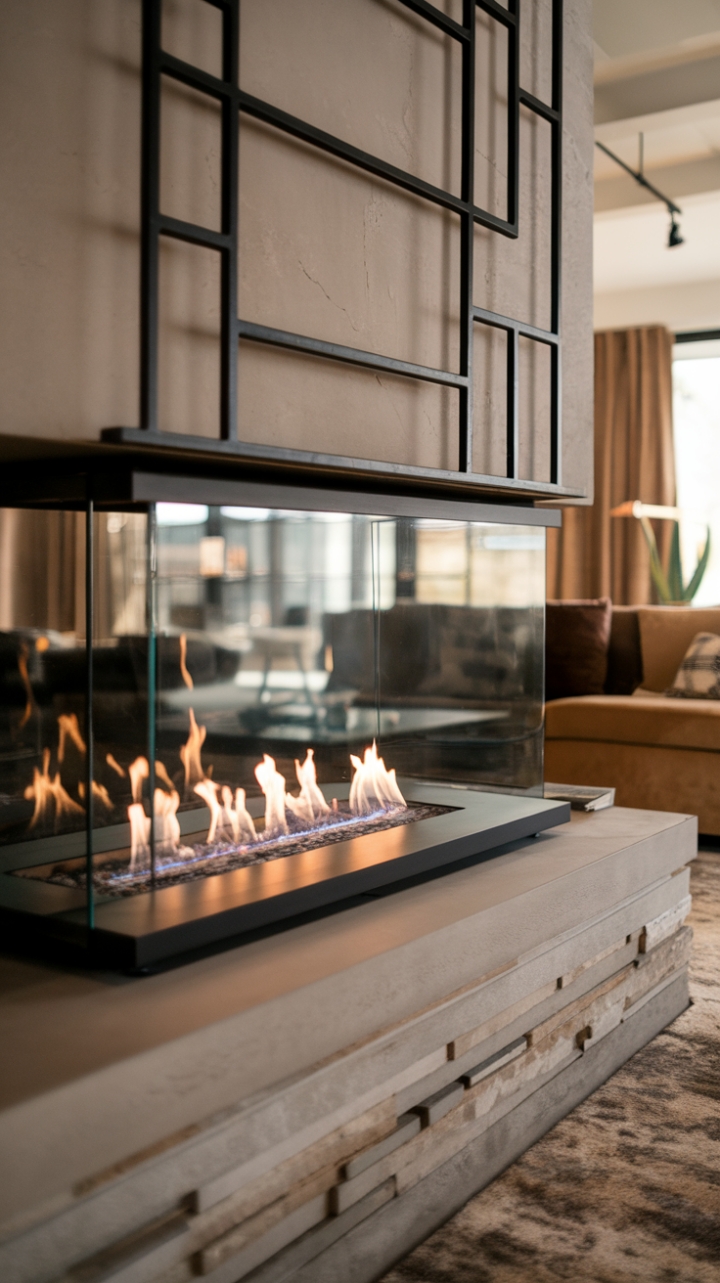Experience the allure of minimalist design with this contemporary fireplace. Its expansive glass hearth showcases a captivating fire, beautifully framed by a sleek black iron structure. The perfect focal point for a living room designed for both comfort and style.