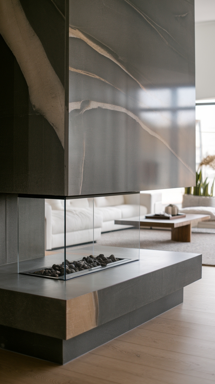 With its chic, minimalist design, this fireplace redefines modern elegance, featuring a smooth dark grey stone facade that captivates the eye with its subtle lighter veins. The clear glass front reveals a serene arrangement of dark grey stones, enhancing the tranquil ambiance of the living room, which is adorned with a plush white sofa and vibrant plants. The light wooden flooring complements the overall aesthetic, creating a harmonious balance between contemporary style and cozy warmth, making this space an inviting retreat.