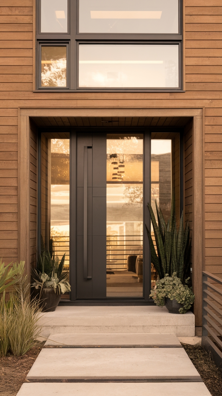 Sun-drenched minimalism meets modern sophistication. This home's black-framed glass front door, a sleek contrast to the warm wood facade, beckons you into a sanctuary of contemporary style. The concrete porch, punctuated by lush greenery, sets the stage for an interior brimming with understated elegance.