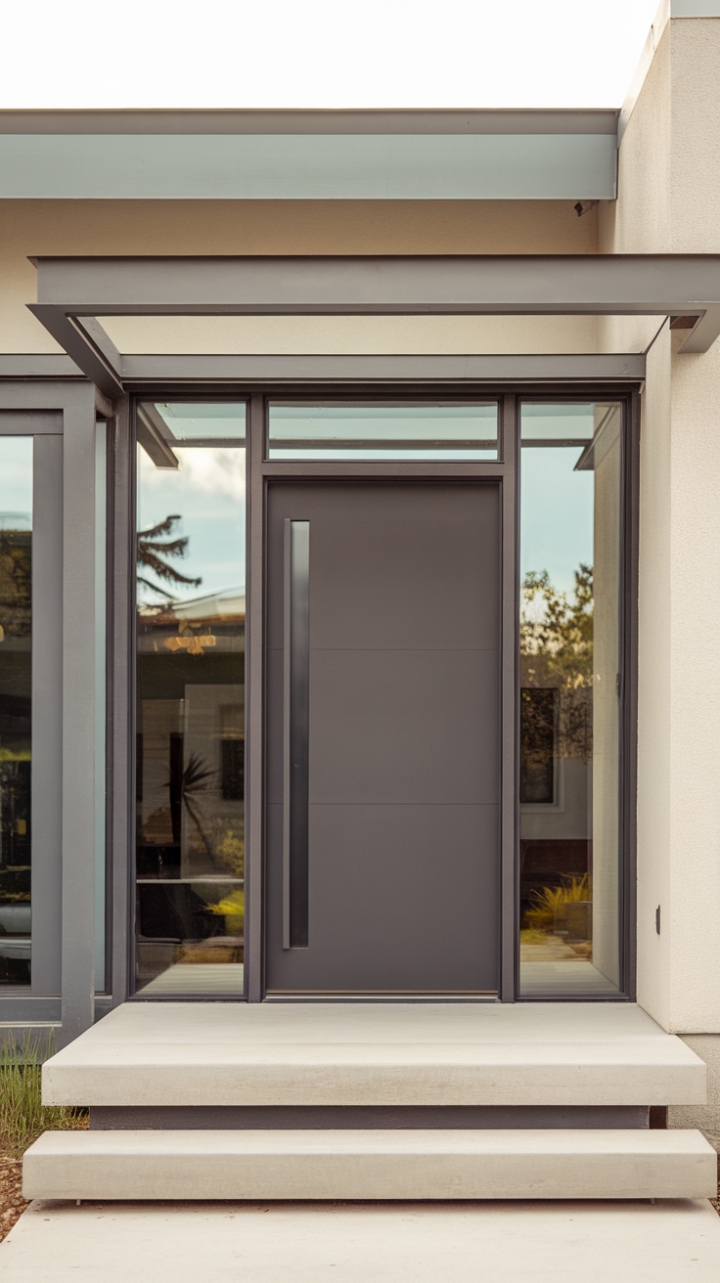 This striking modern home showcases a minimalist exterior that exudes sophistication and urban charm. The sleek matte black front door, featuring a flat panel design, serves as a bold focal point within the glass-encased entryway, inviting natural light to dance across the space. With its flat roof and understated ornamentation, the home embodies a clean aesthetic that harmonizes beautifully with the contemporary porch, creating an inviting yet refined entrance that perfectly balances style and simplicity.