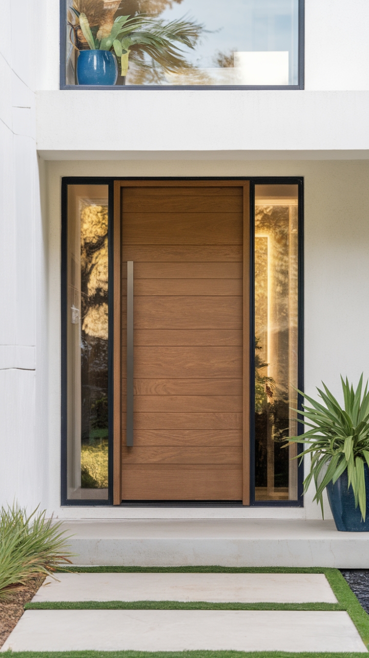 This striking modern home showcases a contemporary front door that perfectly embodies minimalist elegance. The sleek wooden texture paired with a glass pane creates a stunning focal point against the pristine white wall, inviting admiration from all angles. The facade boasts clean lines and a simple layout, while the thoughtfully designed porch, adorned with a few carefully placed potted plants, adds a touch of warmth and sophistication to the overall aesthetic.