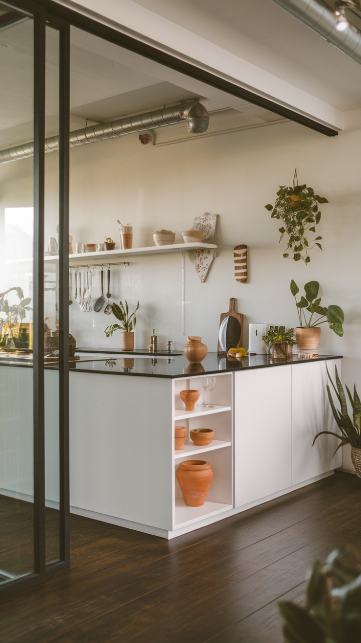 Pure sophistication meets practical design in this open-concept kitchen. The interplay of light and shadow, achieved through the contrast of white cabinets and dark flooring, is simply breathtaking. Subtle pops of greenery and carefully chosen accessories inject warmth into this otherwise minimalist masterpiece.