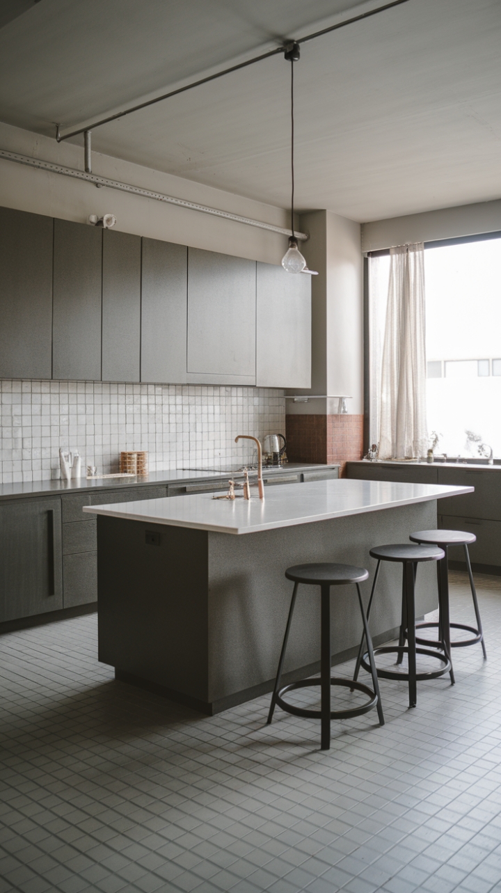 Sleek lines and a calming palette define this contemporary kitchen's sophisticated style. The dark grey island, punctuated by pendant lighting, anchors the space, while the textured white backsplash and light grey tile floor add subtle texture and visual interest. A haven of modern design and understated elegance.