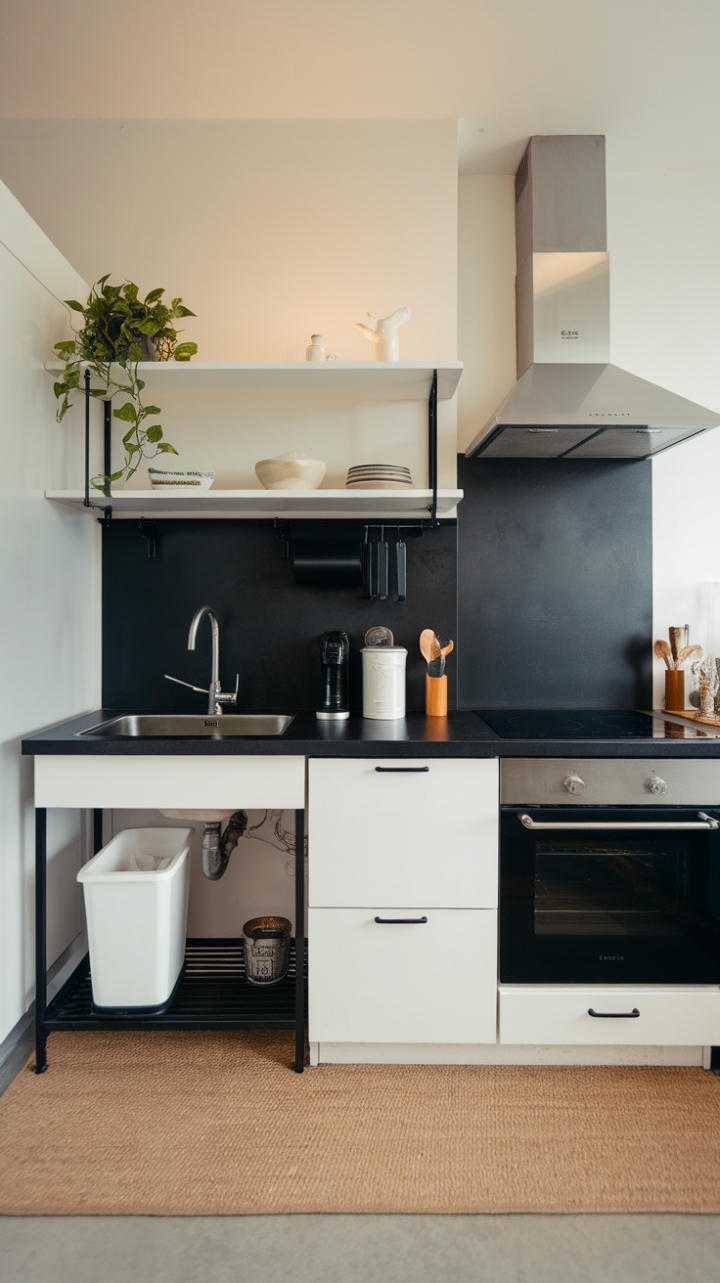 This contemporary kitchen is a masterclass in modern design, showcasing a minimalist aesthetic that prioritizes both style and functionality. The striking contrast of white cabinets against a sleek black countertop and backsplash creates a bold statement, while the stainless steel sink and hood introduce an element of industrial chic. A floating shelf, adorned with a lush green plant, adds a refreshing touch of life, complemented by the discreet white trash bin below. The black cooktop and oven are seamlessly integrated into the layout, ensuring that every inch of space is utilized with purpose. A plush beige rug underfoot invites comfort, and the bright lighting casts a warm glow, making this kitchen not just a place for cooking, but a stylish gathering spot for friends and family.