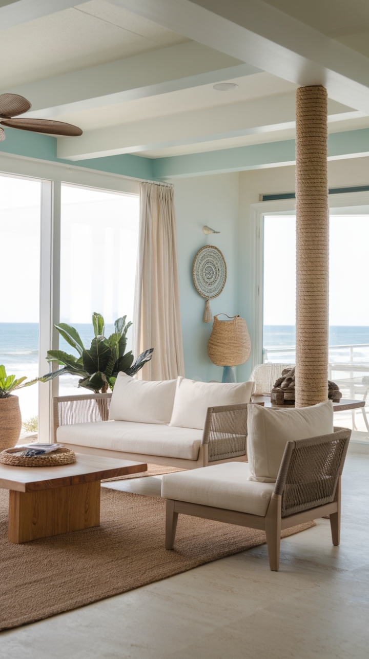 This contemporary coastal living room embodies the essence of beachside tranquility, featuring a minimalist design that harmonizes with its nautical theme. The inviting beige sofa, adorned with crisp white cushions, complements the matching chair, creating a cozy yet sophisticated seating area. A rustic wooden coffee table anchors the space, while the walls, painted in soothing shades of light blue and white, evoke the serenity of the ocean. Thoughtful marine-themed accents, such as a rope-wrapped pillar and a decorative basket, add character, while breezy coastal furnishings, including a woven rug and lush greenery, enhance the room's airy feel. With large windows framing breathtaking ocean views, this living room is a perfect retreat for relaxation and inspiration.