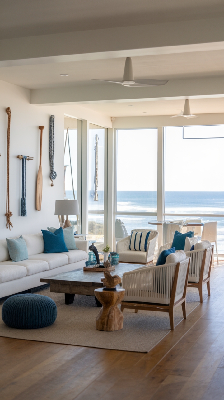 This modern beach house living room embodies the essence of coastal living, where tranquility meets contemporary design. The crisp white sofa, adorned with soft cushions, invites relaxation, while the minimalist wooden coffee table serves as a perfect centerpiece, harmonizing with the warm wooden floors. Nautical-inspired decor, including ropes and a vintage boat oar, adds a playful touch to the walls, echoing the serene ocean views visible through expansive windows. The soothing palette of ocean blues, whites, and soft beiges creates a breezy atmosphere, making this space a serene retreat that captures the spirit of seaside living.
