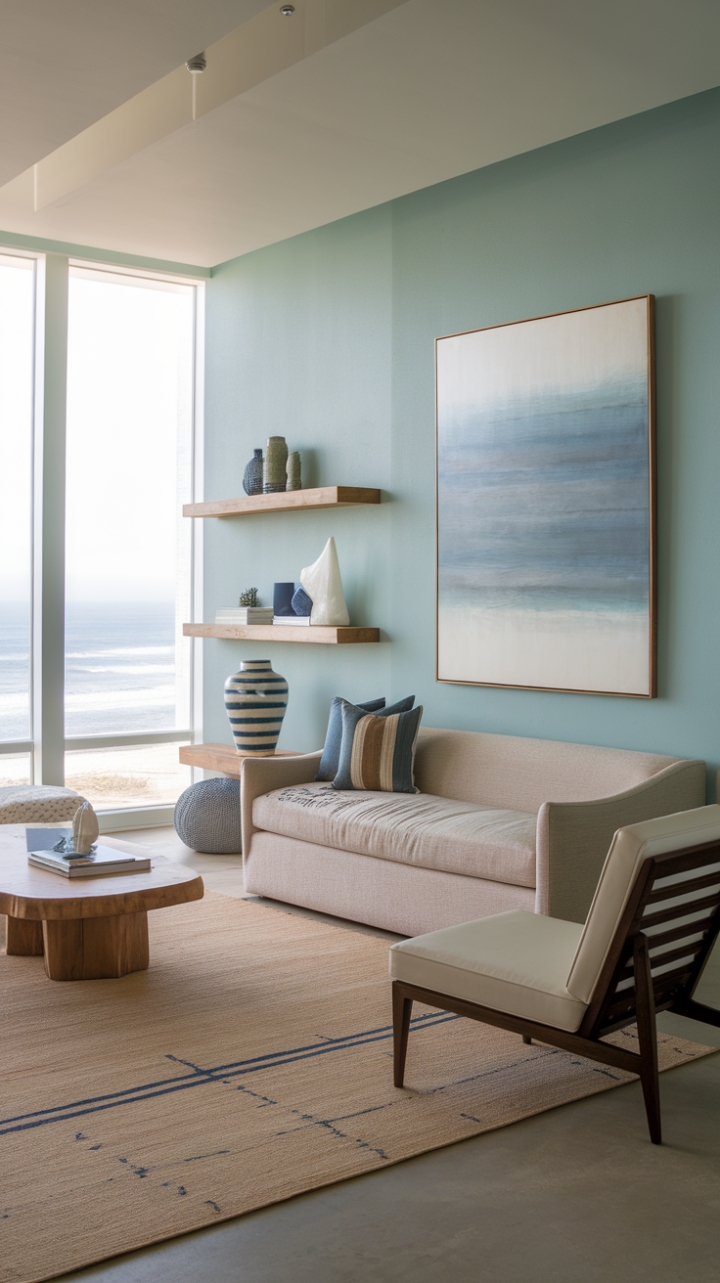 Dive into a world of coastal chic. This modern beach house living room boasts a minimalist design with calming blue hues and nautical-inspired touches. Large windows frame stunning ocean vistas, while a beige sofa and patterned rug invite relaxation. Subtle marine-themed accents add personality without sacrificing the room's airy, sophisticated feel.