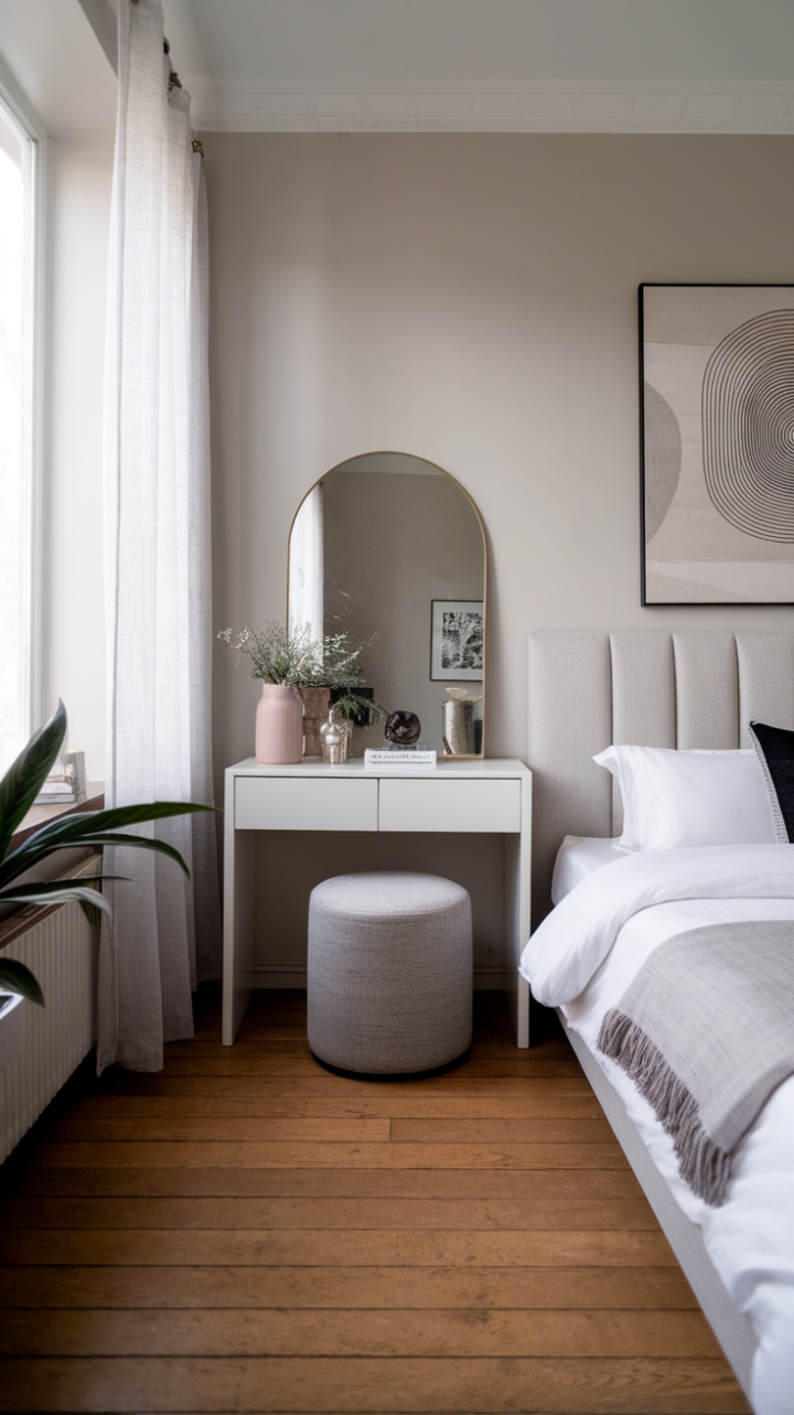 Modern minimalism meets sophisticated style in this chic bedroom retreat. A grey and white color scheme, sleek lines, and carefully curated details create a space that is both calming and utterly stylish. The light-filled room, complete with a statement headboard and a touch of greenery, is the perfect blend of urban cool and tranquil comfort.