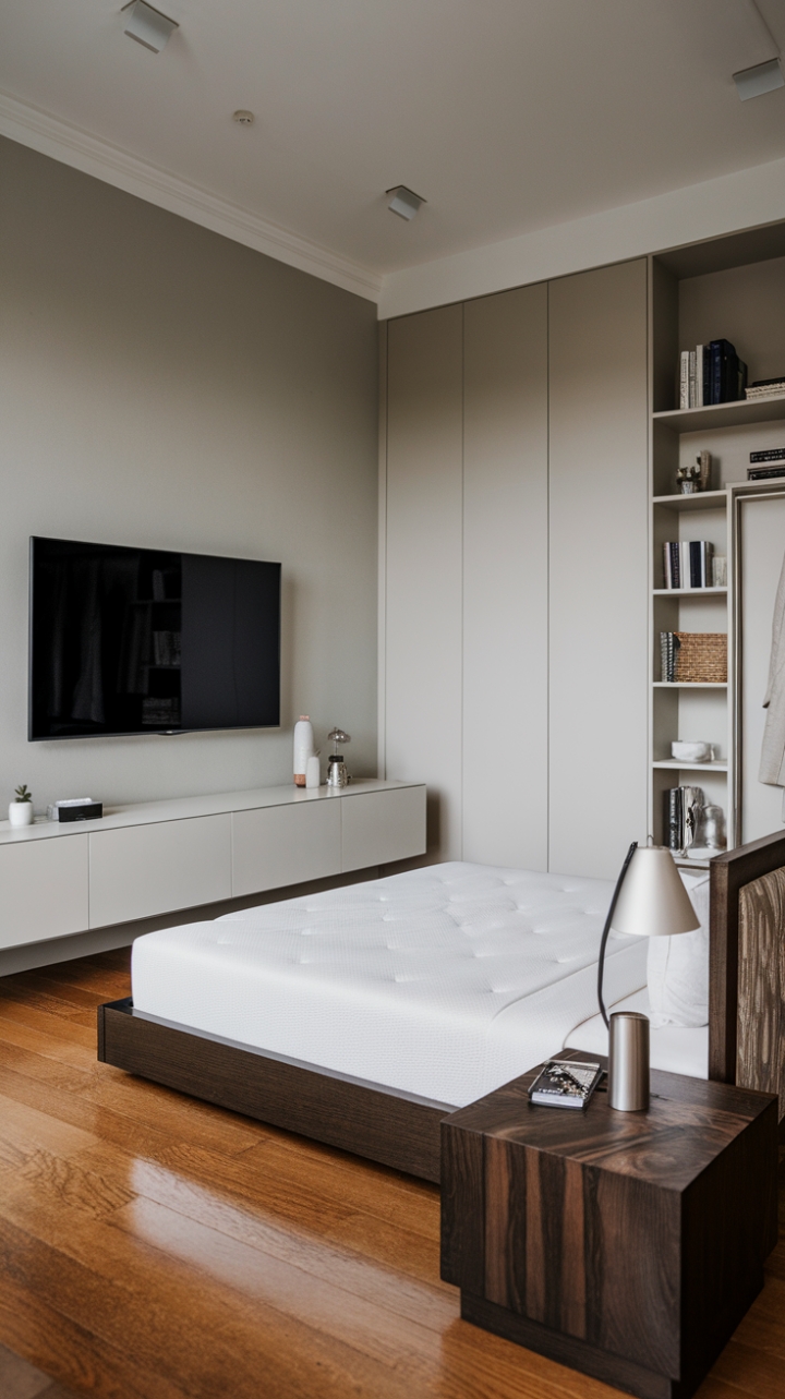 Unwind in this sophisticated sanctuary, where minimalist design meets urban chic. A dark wood bed frame anchors the space, complemented by sleek lines and a calming gray palette. The perfect blend of form and function for the modern dweller.