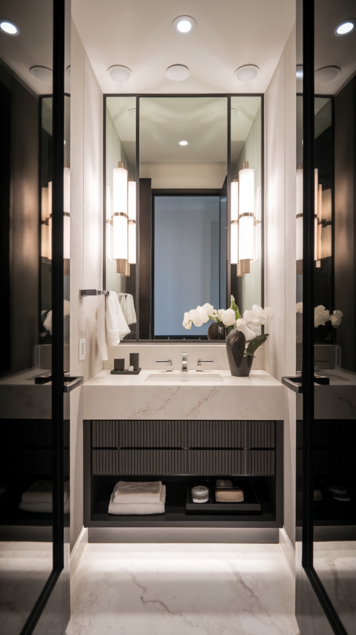 This contemporary powder room exudes sophistication with its minimalist design and sleek vanity, creating a serene oasis for guests. The chic half-bath showcases trendy restroom features, harmonizing perfectly with the elegant white and grey color scheme that enhances the modern decor. Every detail, from the stylish fixtures to the clean lines, reflects a commitment to contemporary aesthetics, making this space both functional and visually stunning.