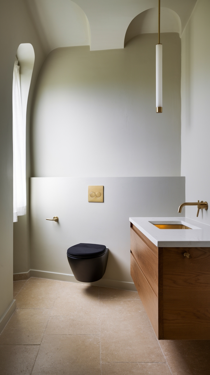 Modern minimalism meets opulent detail. A sleek vanity with a gold faucet, a black-accented toilet, and a delicate gold light fixture create a powder room that's both chic and functional. The perfect blend of form and function.