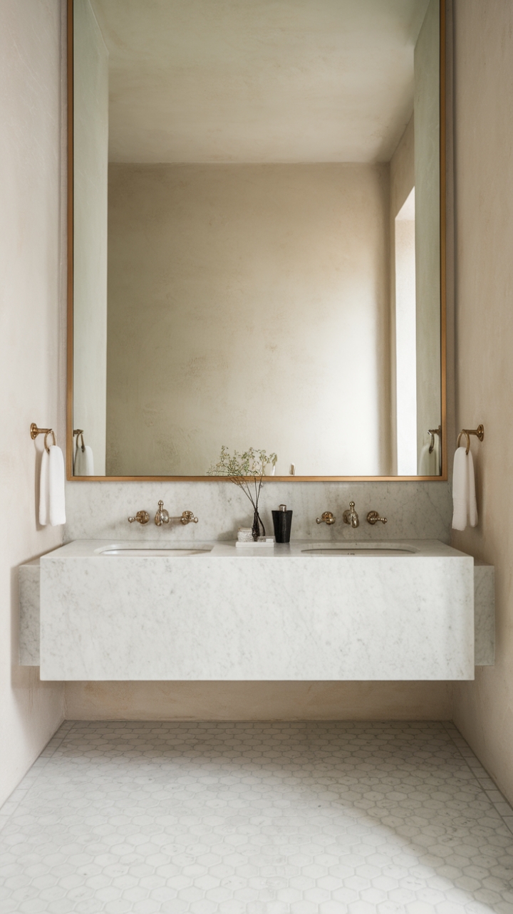 This minimalist powder room exudes sophistication with its sleek contemporary vanity, featuring dual sinks crafted from pristine white marble that radiates elegance. Above, a striking large mirror framed in gold adds a touch of luxury, reflecting the soft, ambient lighting that bathes the space in warmth. The pristine white tiles underfoot create a seamless foundation, while the textured wall in the background introduces subtle depth, making this serene retreat a perfect blend of style and tranquility.
