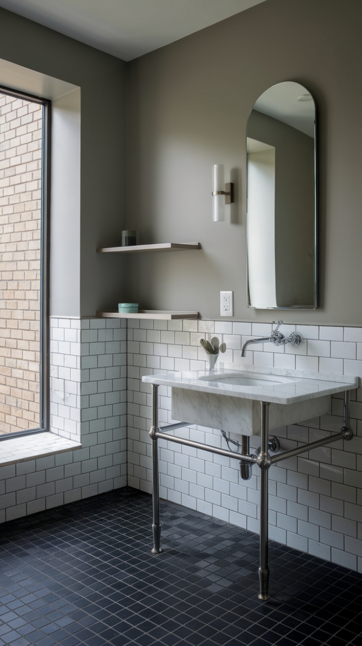 This contemporary powder room embodies the essence of minimalist design, where every element harmonizes to create a serene retreat. The sleek vanity, adorned with a stunning white marble counter, serves as a focal point, complemented by a chic wall-mounted faucet that enhances its modern appeal. The striking black and white checkered tiles underfoot add a playful contrast to the soft grey walls, while a floating shelf near the window offers a perfect spot for curated decor. Bathed in natural light, the room's window frames a glimpse of a rustic brick wall, adding an unexpected touch of urban charm to this stylish sanctuary.