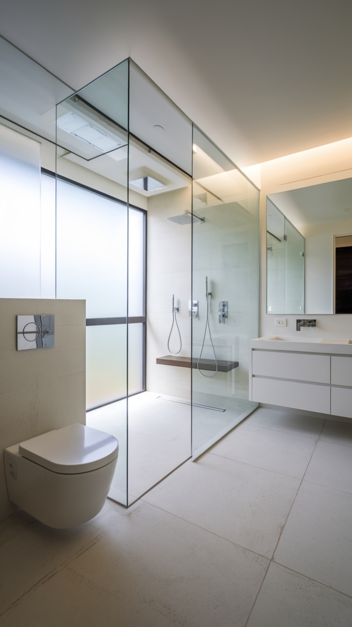 With its clean lines and uncluttered aesthetic, this modern bathroom is a perfect blend of functionality and style. The large glass-enclosed shower, equipped with multiple showerheads and a built-in seat, invites relaxation, while the clear glass partition maintains an open feel. A chic white vanity with dual sinks and a spacious mirror enhances the minimalist vibe, complemented by the expansive white tile flooring that reflects the bright, white lighting. A sleek wall-mounted toilet with a hidden tank adds to the streamlined design, and the frosted glass window near the ceiling bathes the space in a soft glow, making this bathroom a true oasis of calm.