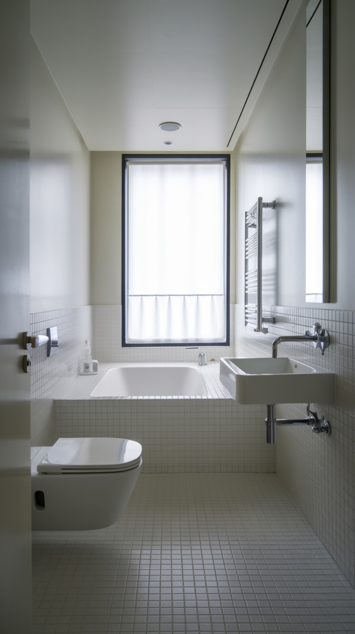 This modern bathroom exudes a serene luxury with its minimalist design, showcasing a sleek white bathtub complete with a built-in backrest that invites relaxation. The wall-mounted sink, paired with a gleaming chrome faucet, adds a touch of sophistication, while the wall-mounted toilet maintains the clean lines of the space. White tiles blanket the floor, enhancing the room's airy feel, and a chrome towel rack elegantly complements the overall aesthetic. Natural light filters through a window adorned with a delicate white curtain, creating a tranquil atmosphere perfect for unwinding.