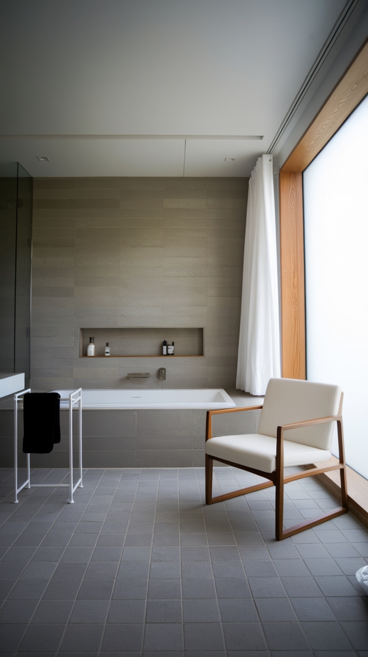 This contemporary minimalist bathroom exudes a serene luxury, where sleek design meets functional elegance. Bathed in natural light from the expansive wooden-framed window, the pristine white bathtub invites relaxation, while the soft white curtain adds a touch of warmth. Grey tiles underfoot provide a chic contrast, harmonizing beautifully with the wooden accents, including a stylish chair positioned nearby. A black towel drapes gracefully on a white rack, and a built-in wooden shelf above the bathtub offers both practicality and a refined aesthetic, making this space a perfect retreat for rejuvenation.